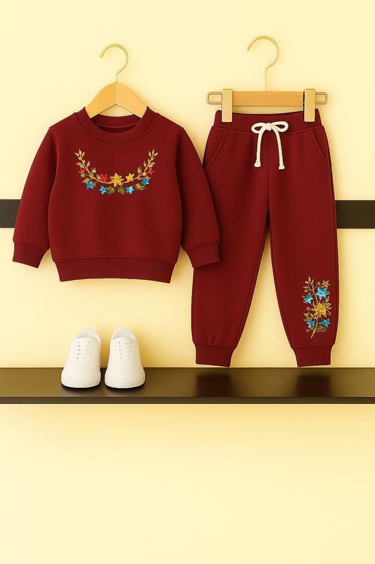Girls Burgundy Embroidered Floral Tracksuit 252