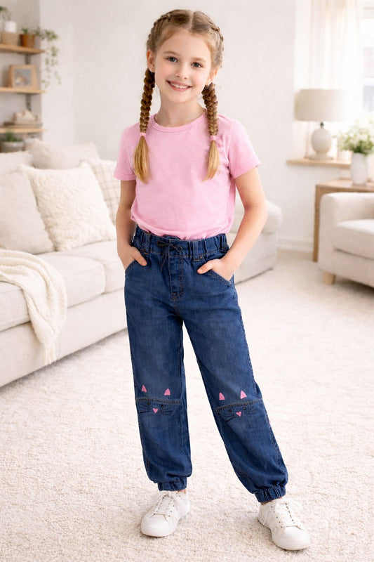 Cute Cat Print Denim Jogger Pants for Girls - Dark Blue