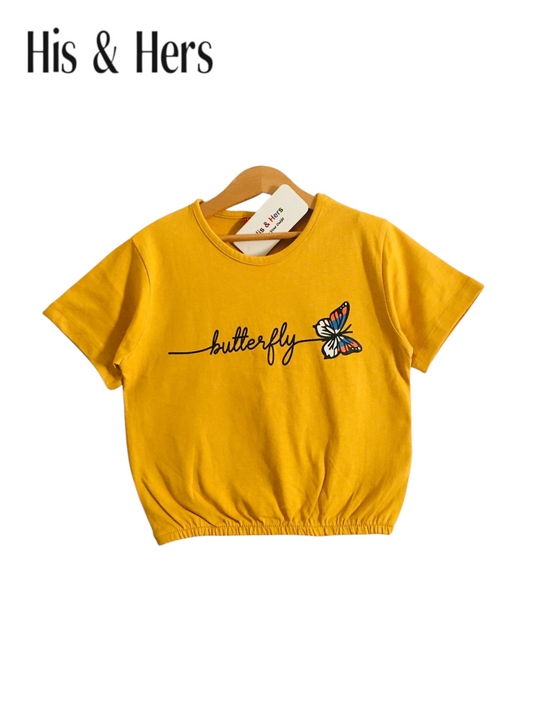 Butterfly  Mustard Yellow Short Length T-Shirt Girls 241