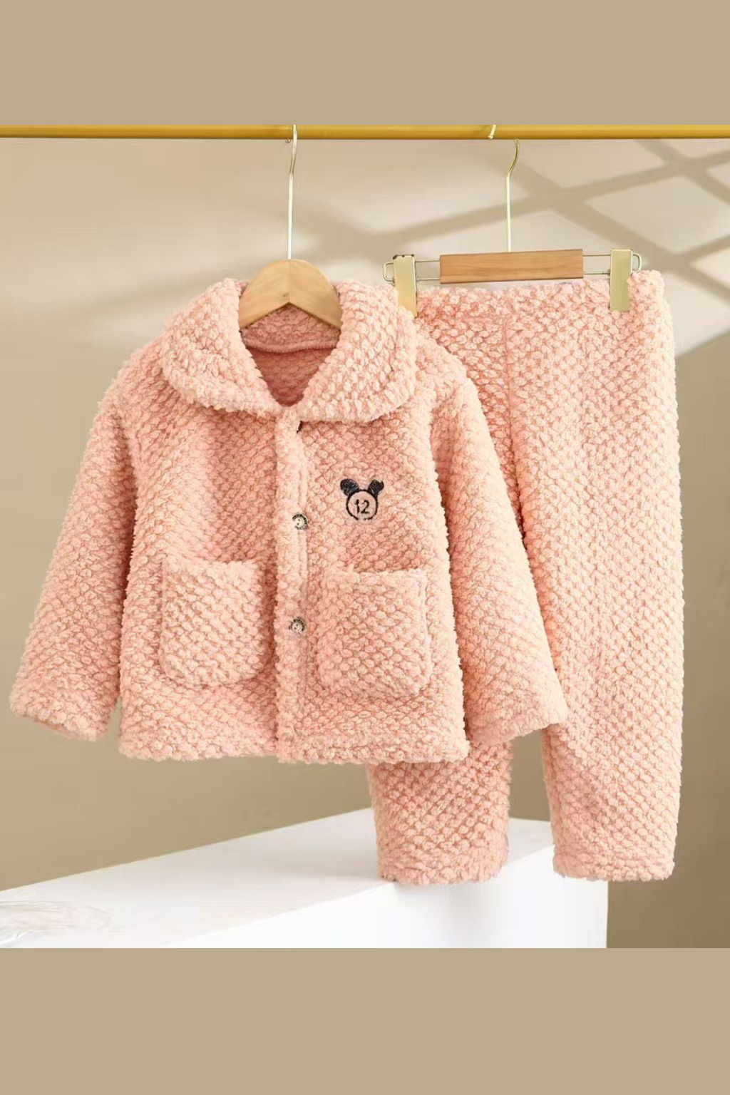 Beige Coral Fleece Winter Night Suit for Girls – Soft & Warm Two-Piece Lounge Set