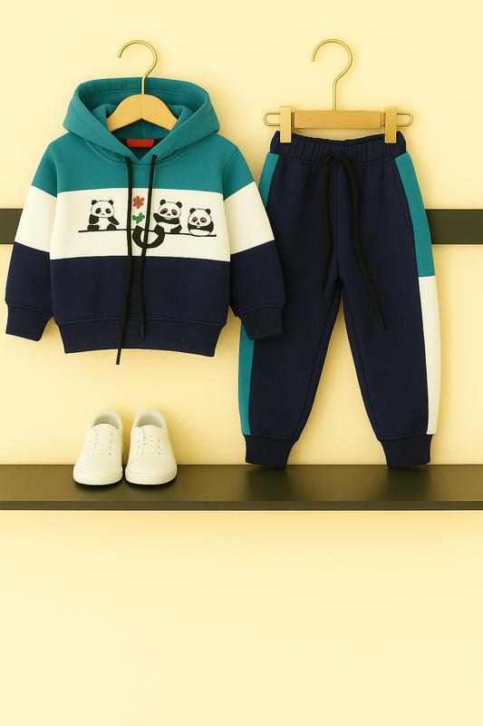 Color Block Panda Print Hoodie & Jogger Set – Blue, White ,Navy 286