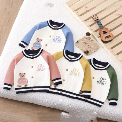 Bear Print Knitted Green Sweater Cardigans Boys
