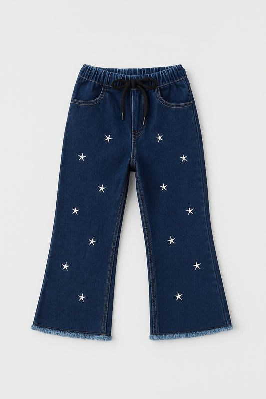 ✨ Starry Flare Girls' Jeans with Embroidered Stars - Mid Blue 103