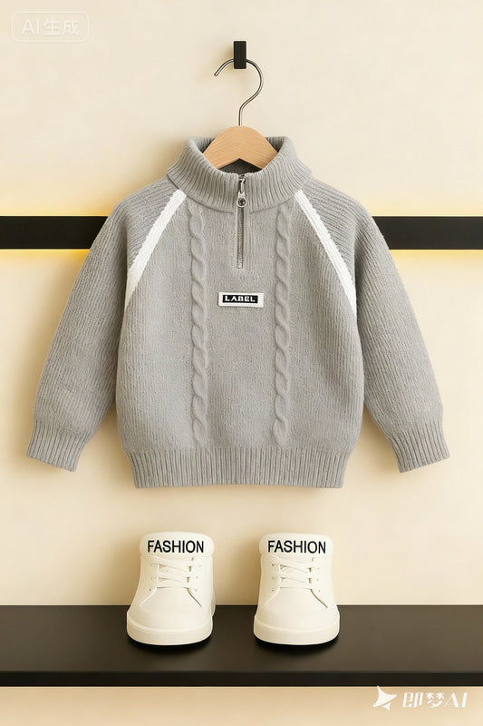 Boys Cable-Knit Half Zipper Sweater – Ash Grey