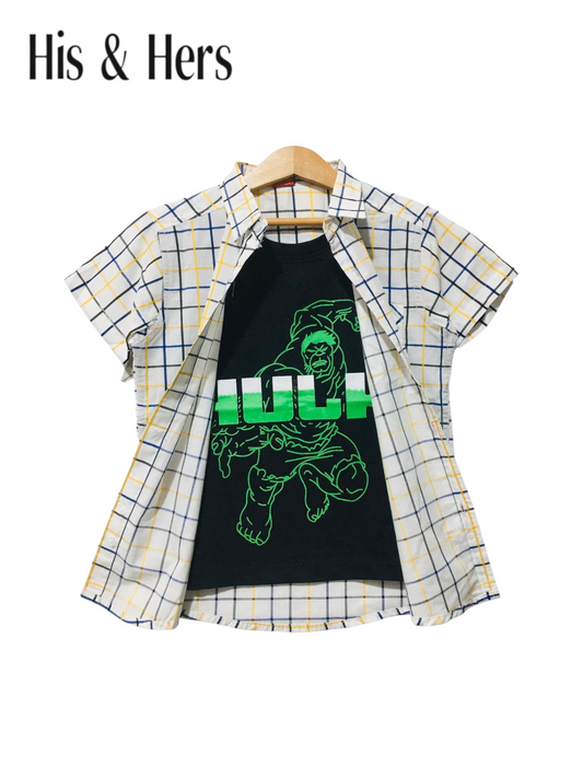 Blue & Yellow Checked Hulk Print Double Casual Shirt Boys