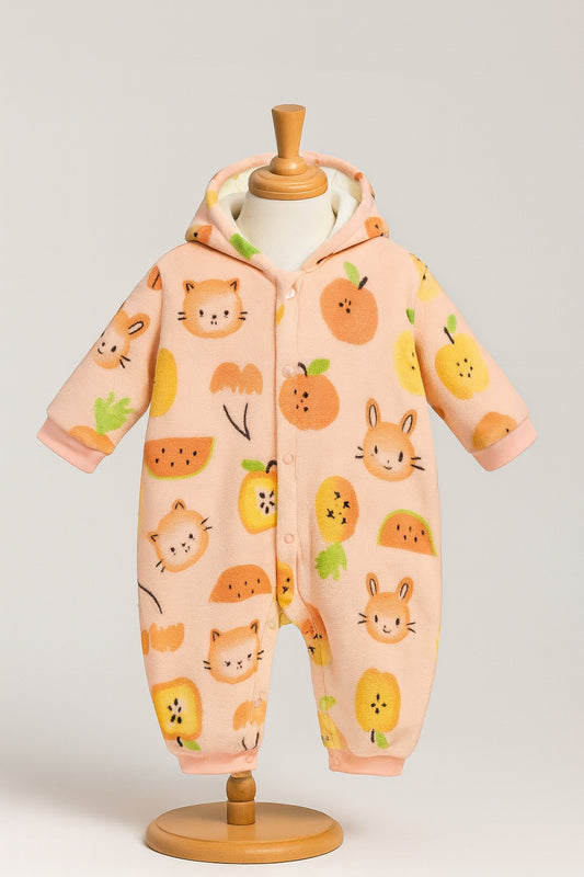 Yummy Fruits Print Polar Fleece Pink Jumpsuit Bodysuit