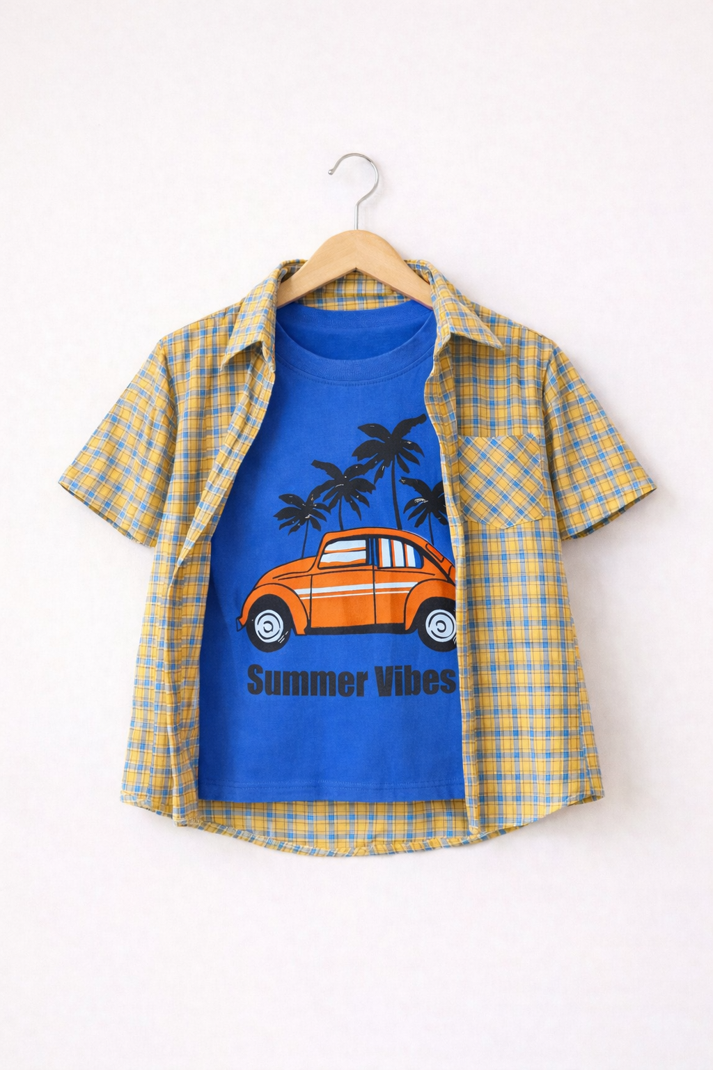 Blue Checked Beige Double Casual Shirt Boys 210