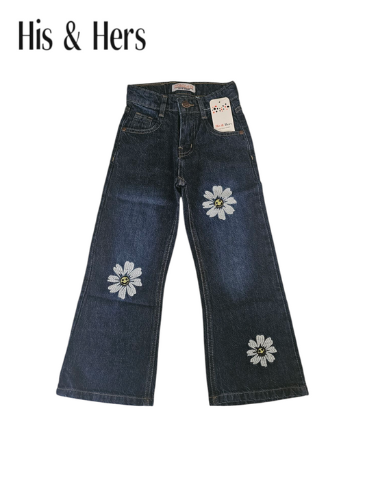 Three White Flowers Embroidered Dark Blue Denim Flapper Pants Girls 269