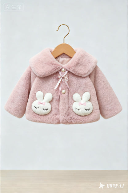 Fluffy Pink Winter Cape for Baby Girls – 3D Bunny
