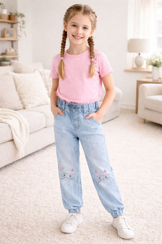 Cute Cat Print Denim Jogger Pants for Girls - Light Blue
