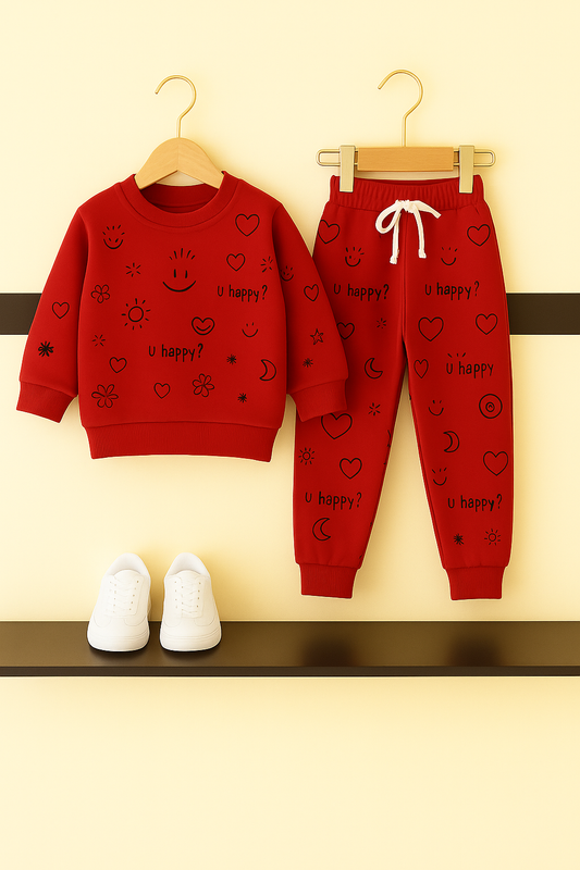 Red Kids’ Tracksuit with Doodle Prints “U happy ?” 441