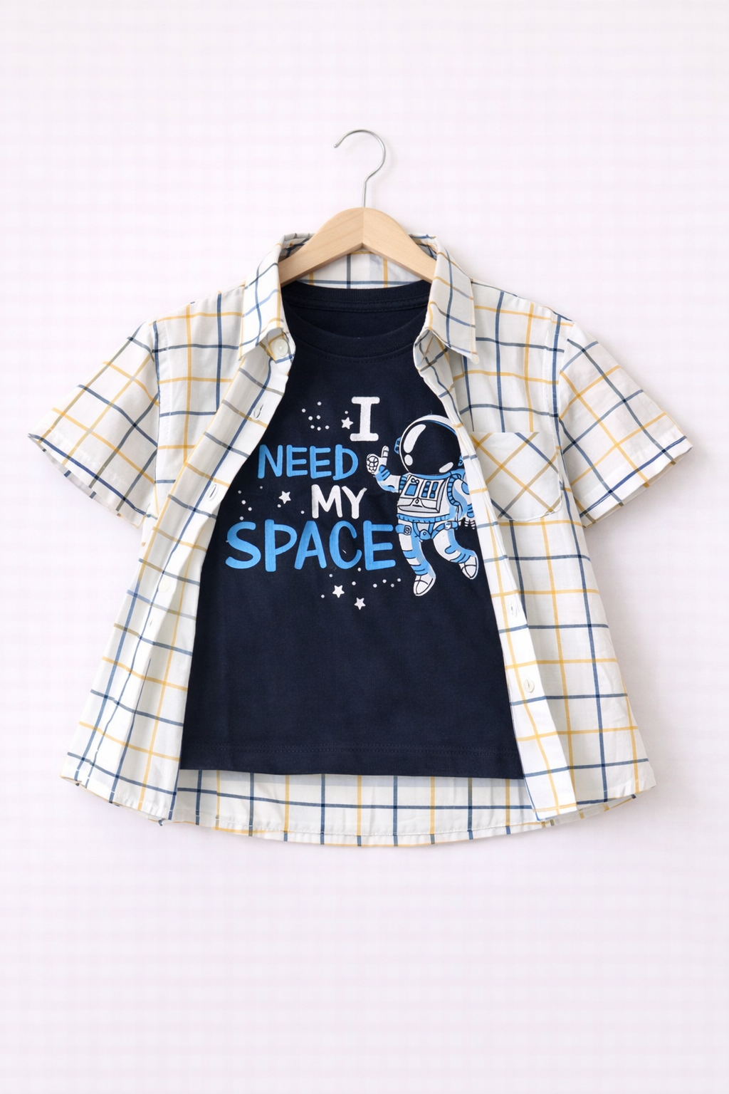 Blue & Yellow Checked Astronaut Print Double Casual Shirt Boys 210