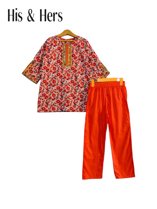 Floral Kurti & Shalwar Set for Girls – Red & Multicolor Print 440