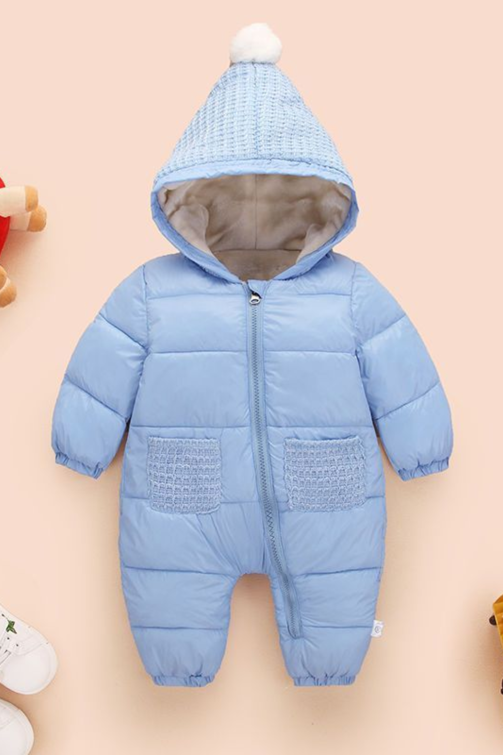 Baby Sky Blue Puffer Romper with Knitted Hood & Pom Pom