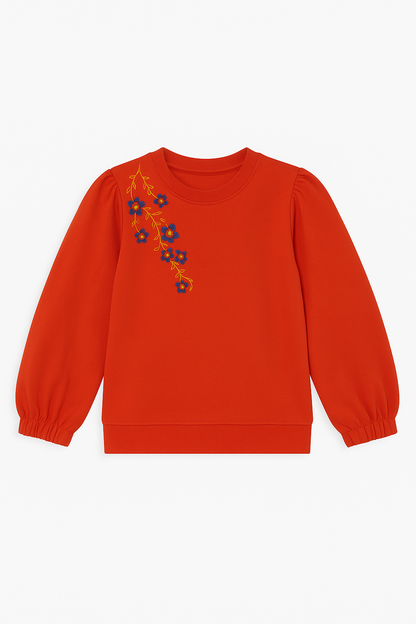Girls Red Sweatshirt – Floral Embroidery with Puff Sleeves 303