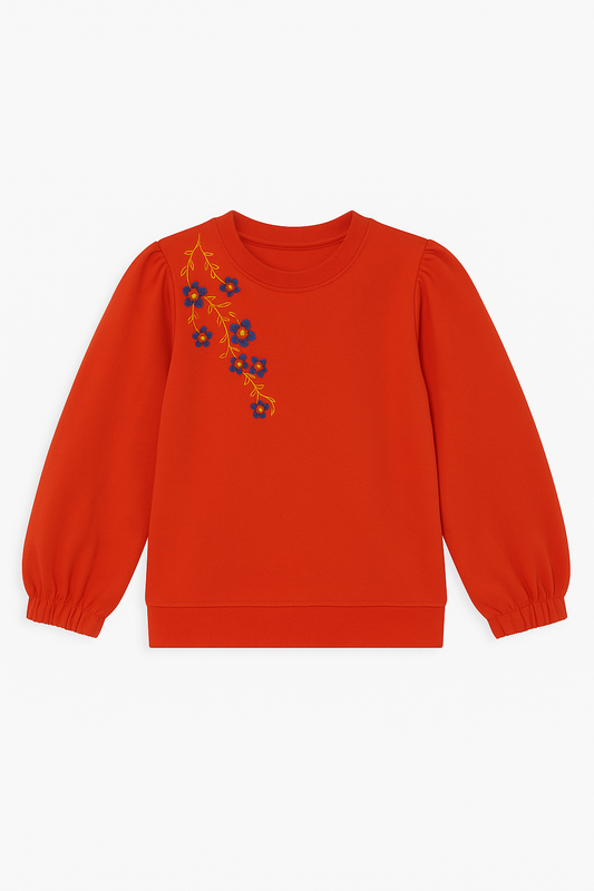 Girls Red Sweatshirt – Floral Embroidery with Puff Sleeves 303