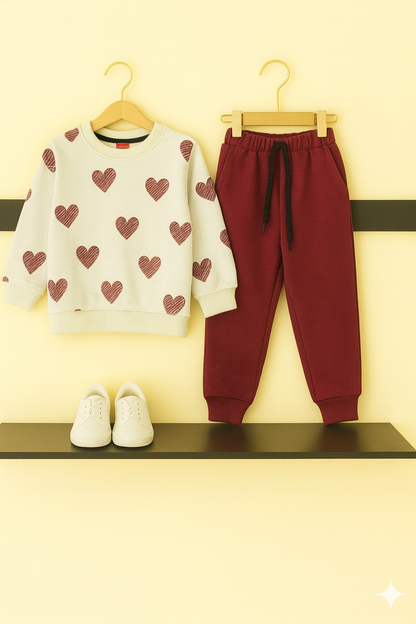 Mahroon Hearts Allover Print  Tracksuit 507