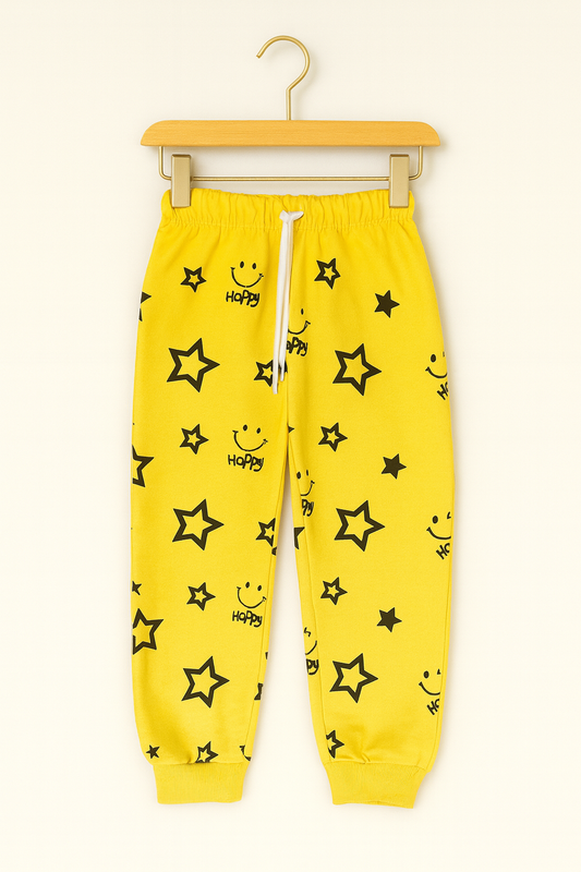 Happy Star Printed Joggers – Bright Yellow 🌟😊