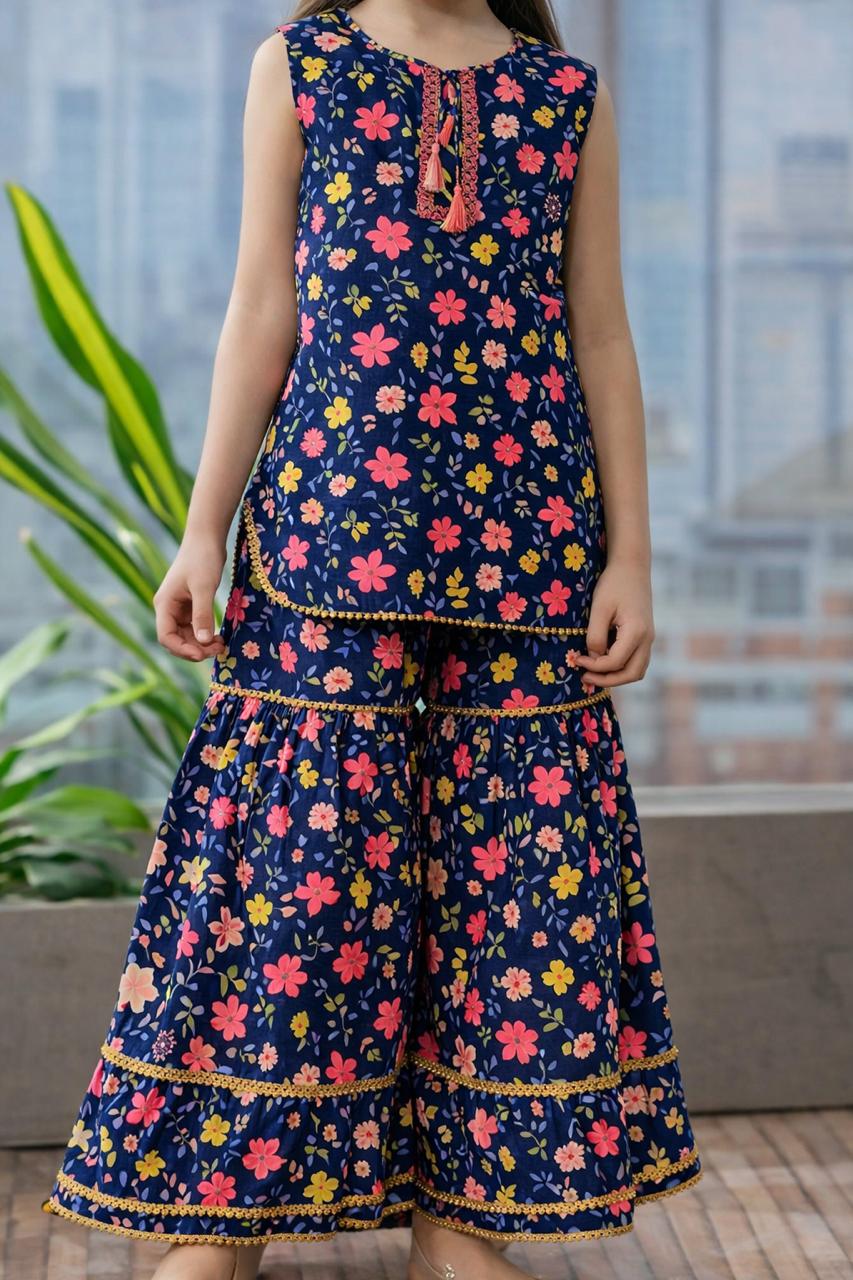 Pink Flowers Allover Printed Navy Sharara Suit 295