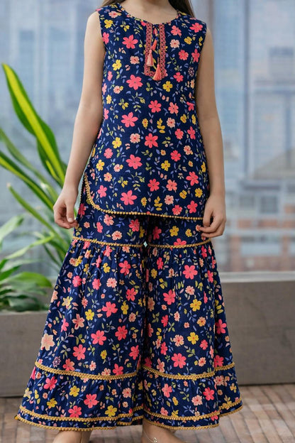 Pink Flowers Allover Printed Navy Sharara Suit 295