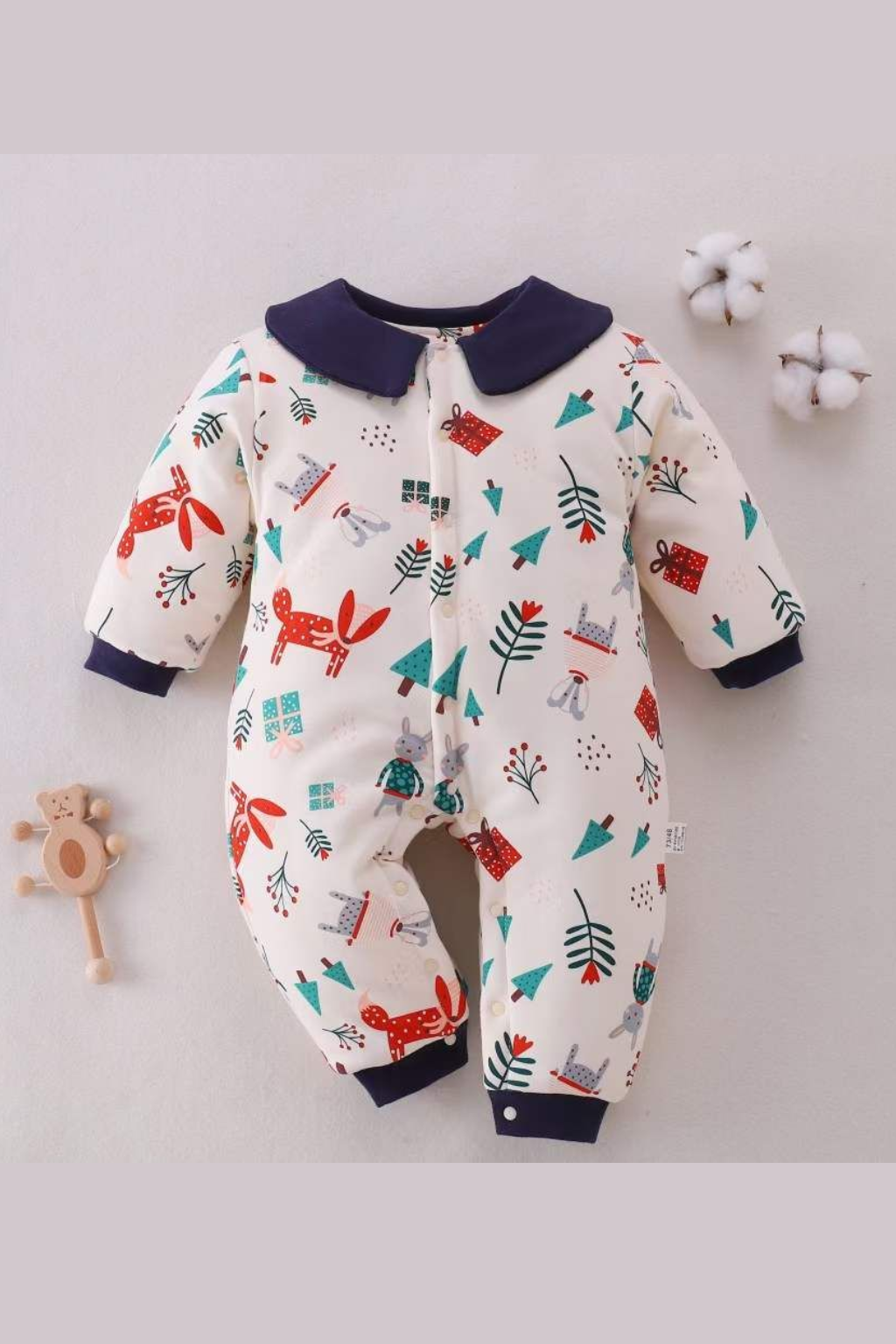 Cute Animal Print & Contrast Collar Winter Baby Romper