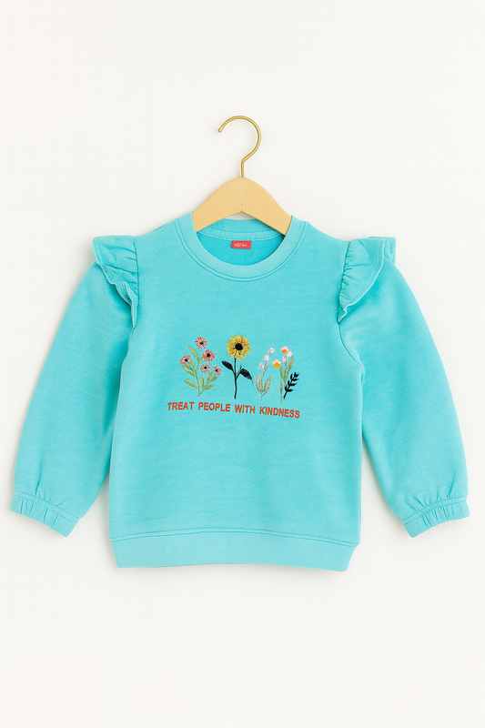Turquoise Floral Embroidered Kids Sweatshirt 203