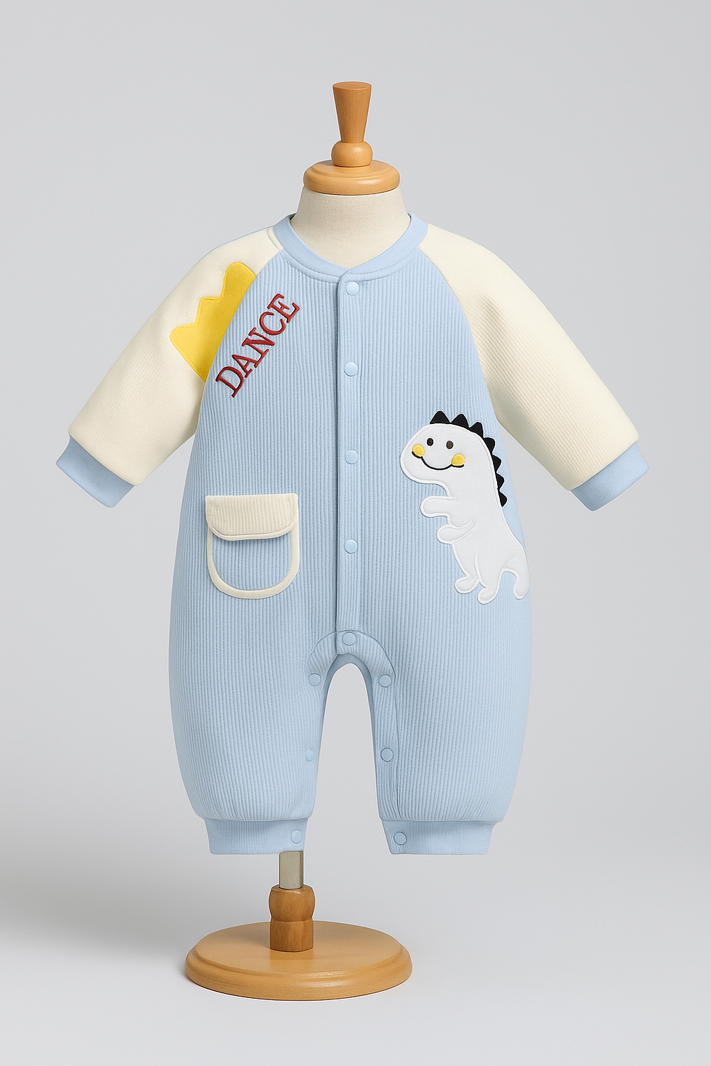 Playful Dino Dance Baby Romper – Blue & Cream