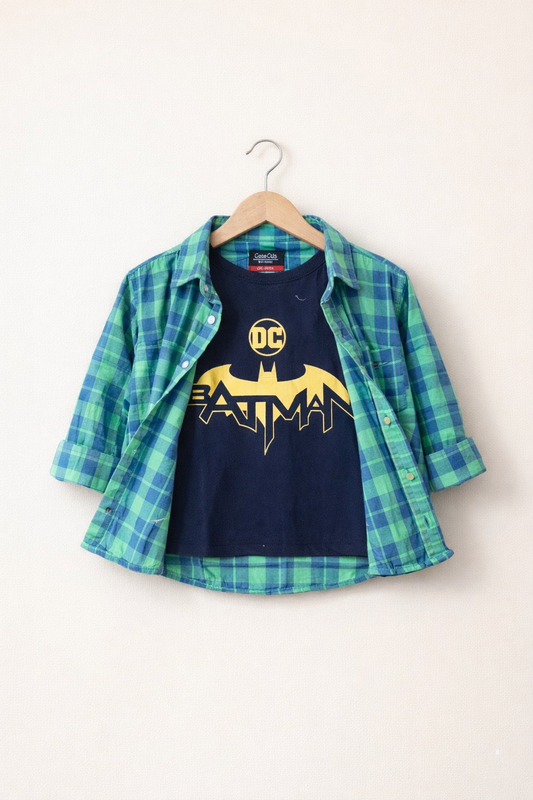 Batman Printed Double Casual Shirt-Green Check