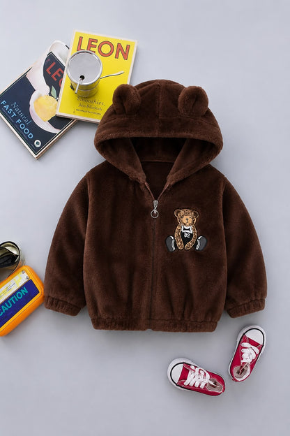 Teddy Bear Patch Plush Hooded Jacket – Chocolate Brown