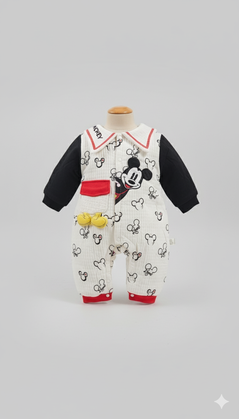 Mickey Print Quilted Bodysuit – Black Sleeves & Red Trim