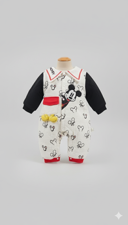 Mickey Print Quilted Bodysuit – Black Sleeves & Red Trim