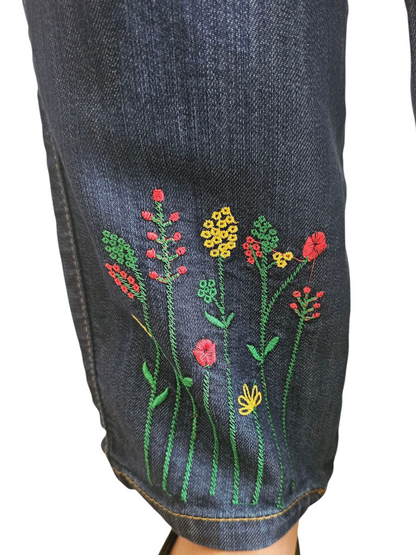 Colorful Flowers Embroidered Dark Soft Denim Flapper Pants Girls 270