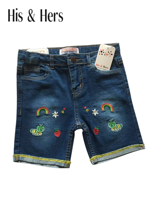 Rainbow Embroidery Mid Blue Denim Shorts Girls 264