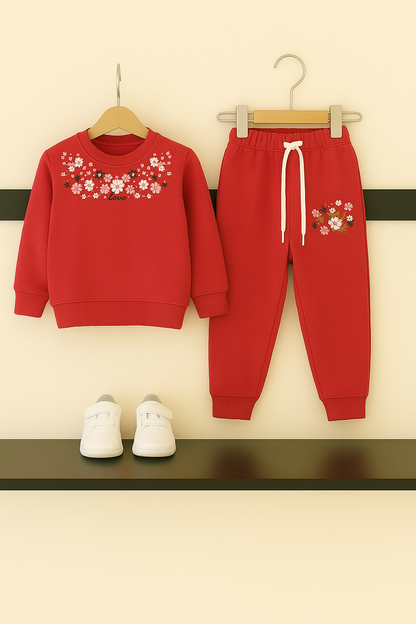 Red Embroidery Fleece Tracksuit – Cozy Winter Wear for Kids 263