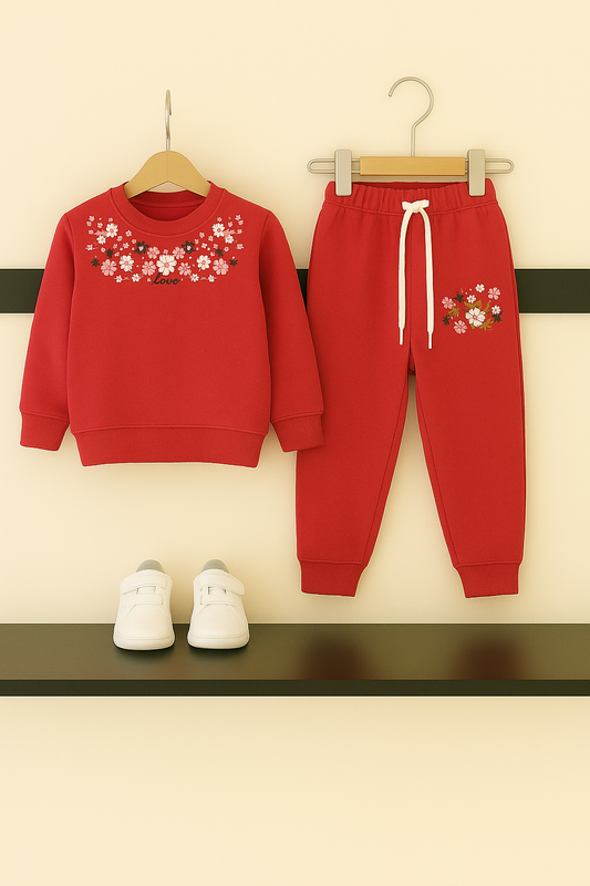Red Embroidery Fleece Tracksuit – Cozy Winter Wear for Kids 263