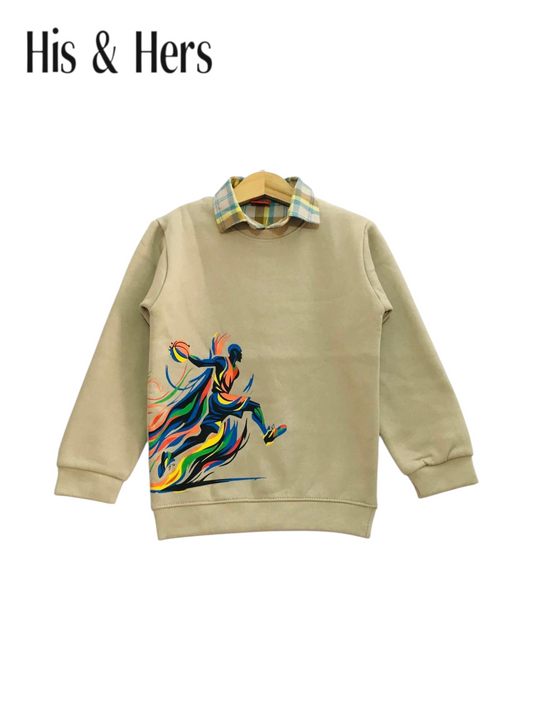 Basketball Player Cream Double Sweatshirt  (Blue Yellow Checked Collar) Boys 416