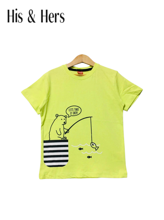 Fishing  Bear Lemon Green T-Shirt Boys
