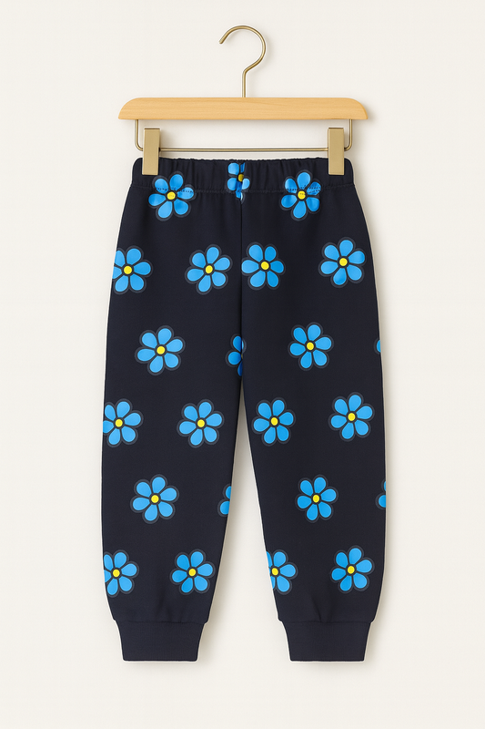 Blue Daisy Printed Joggers – Midnight Black 🌼💙