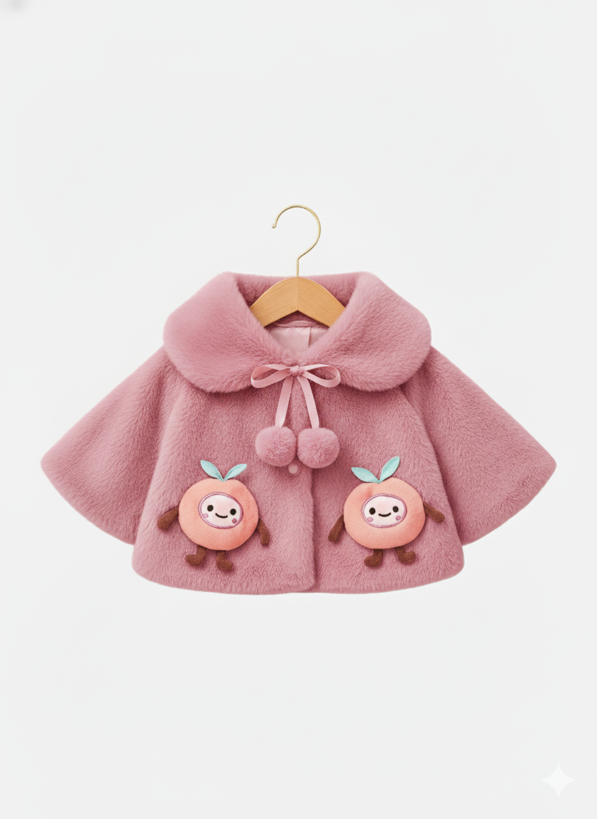 Fluffy Pink Winter Cape for Baby Girls – 3D Apple