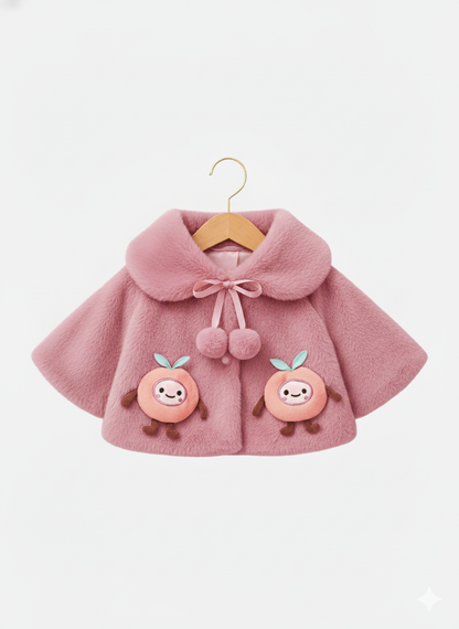 Fluffy Pink Winter Cape for Baby Girls – 3D Apple