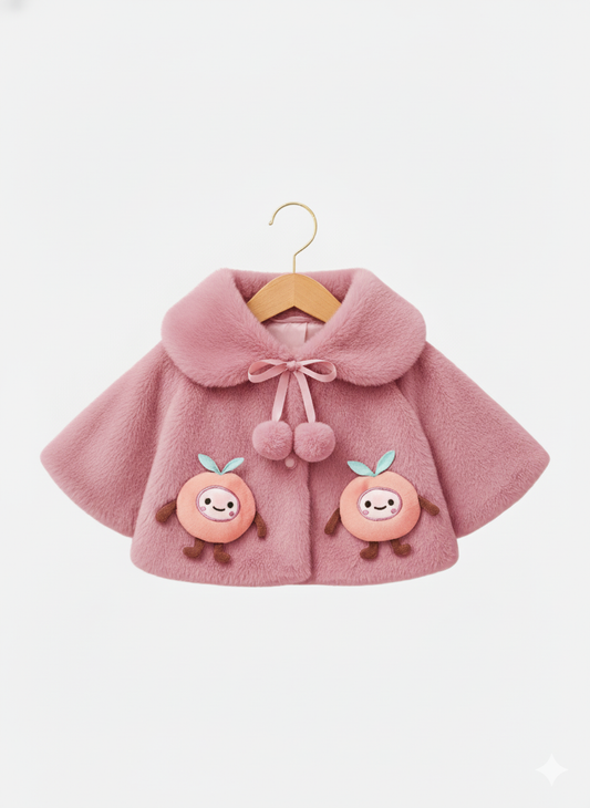 Fluffy Pink Winter Cape for Baby Girls – 3D Apple