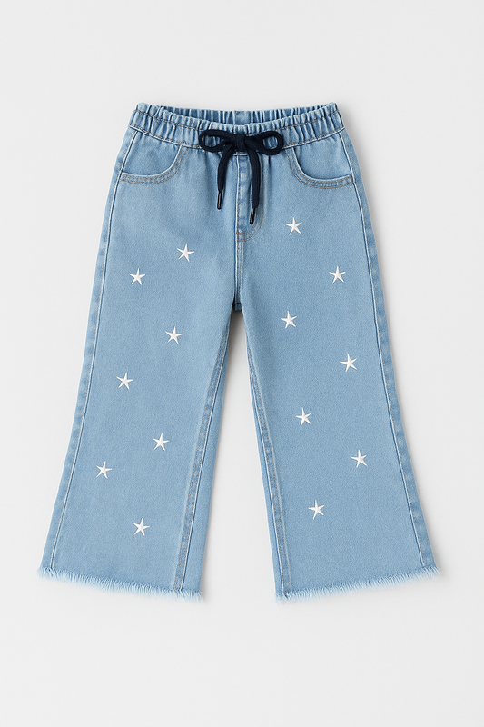 ✨ Starry Flare Girls' Jeans with Embroidered Stars - Light Blue 103