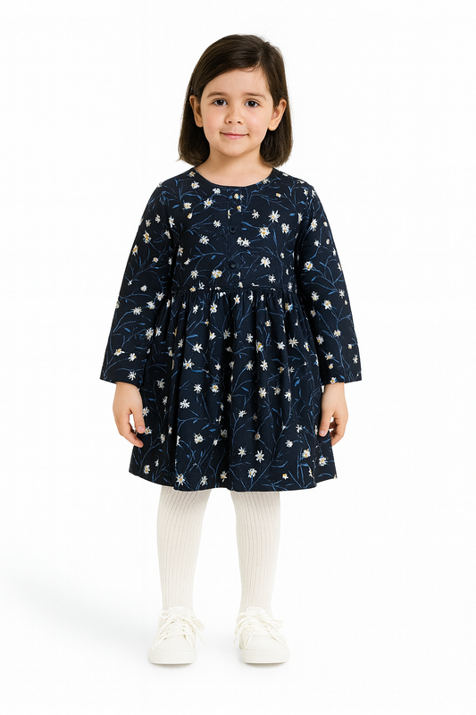 Girls’ Navy Blue Daisy Print Frock – Long Sleeve Dress 🌼 127