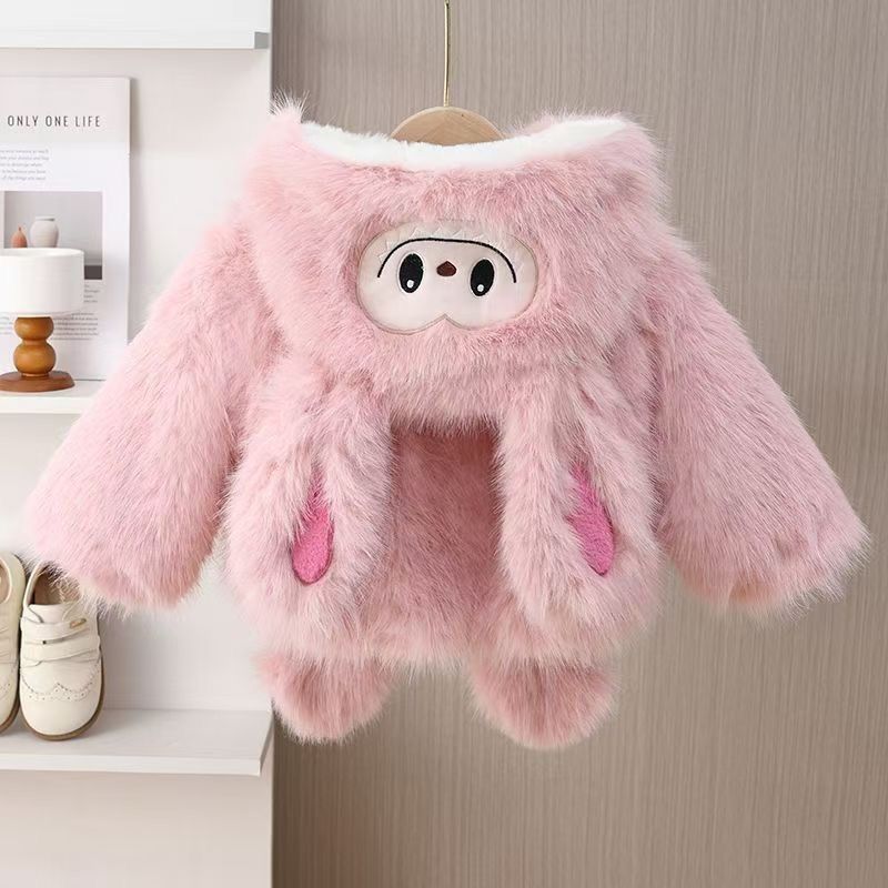 Girls Bunny Ear Fur Hooded Jacket – Pink 929