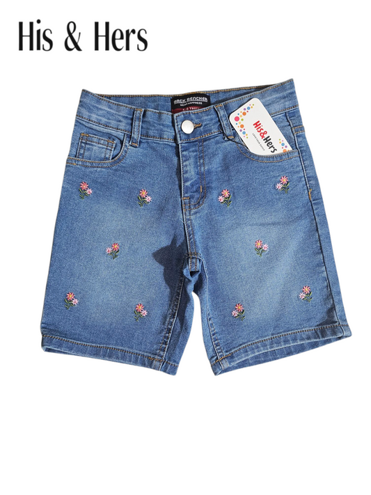 Pink Flowers Embroidery Mid Blue Denim Shorts Girls 118