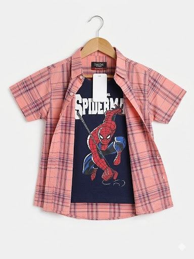 Black Checked Spiderman Printed Carrot Double Casual Shirt 219